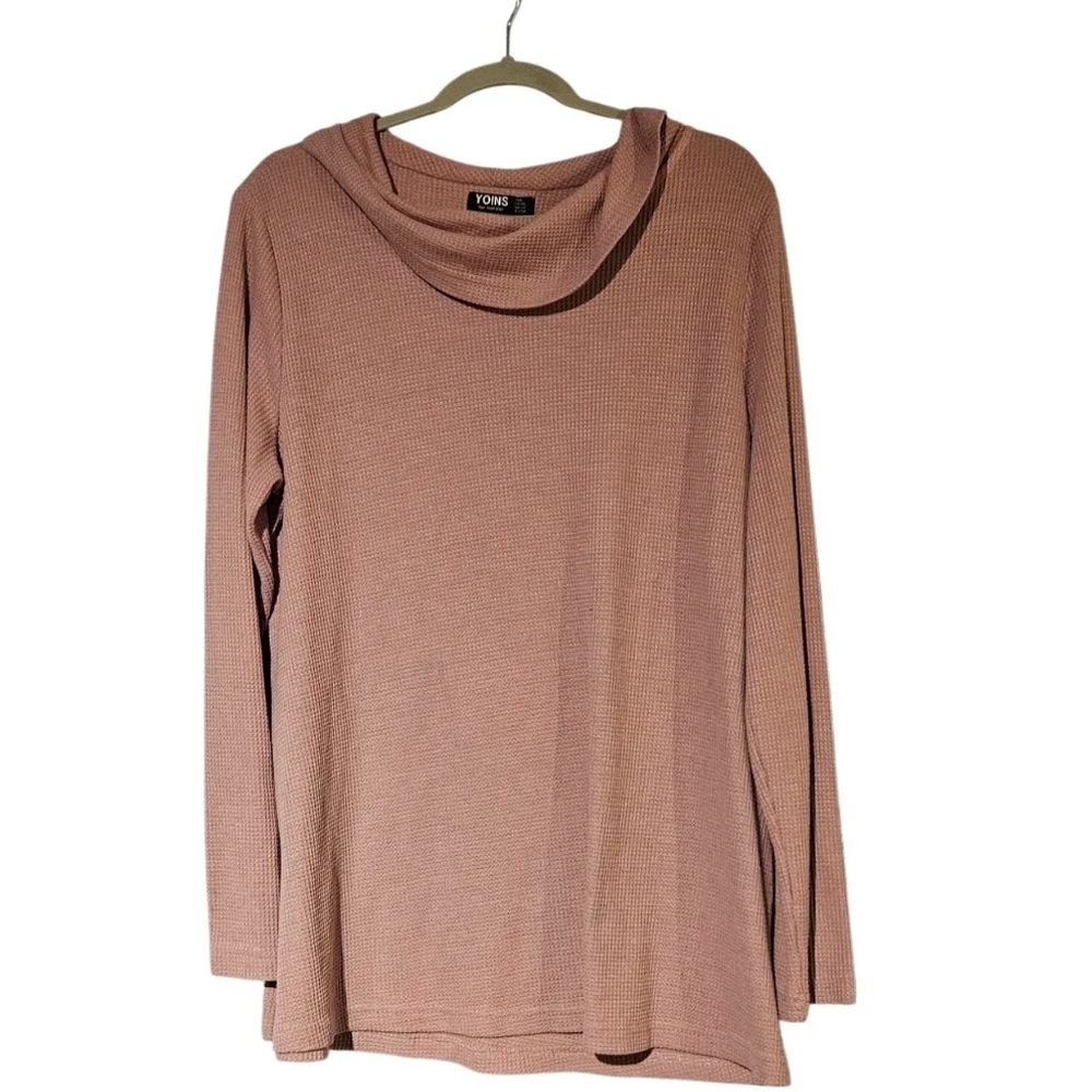 Yoins Women's Cowl Neck Waffle Knit Long Sleeve Pullover Shirt Sz 2XL Light Pink